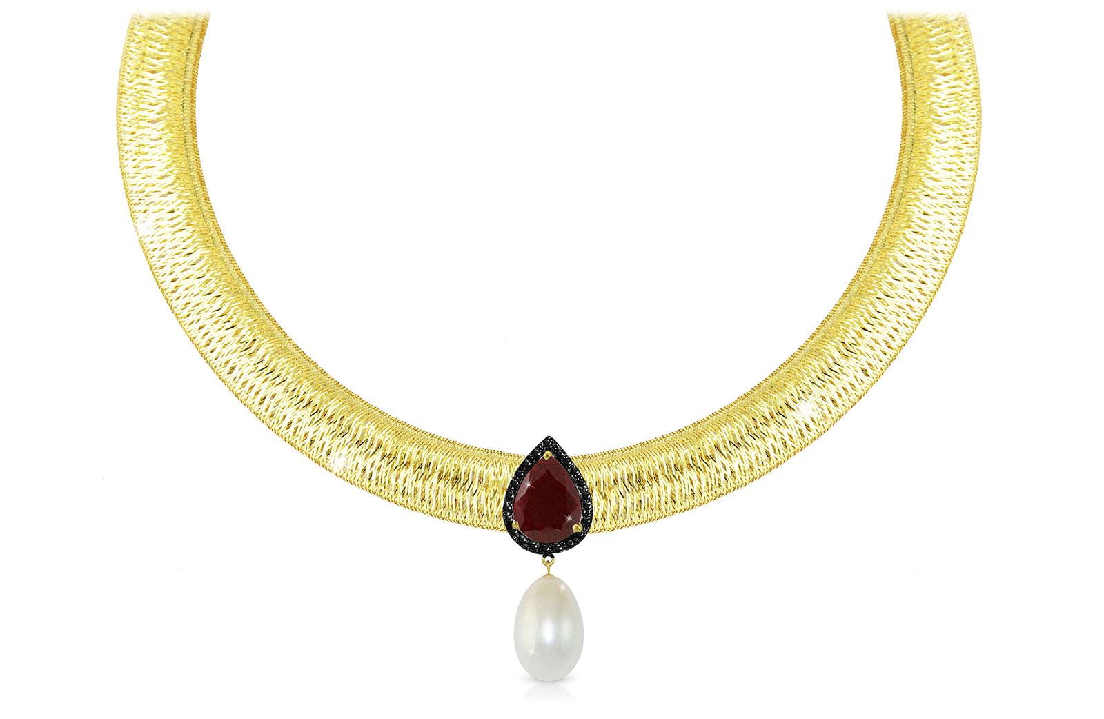 Vera Perla 18K Gold 0.12ct  Black Diamonds, Ruby and 13mm White Pearl  Necklace